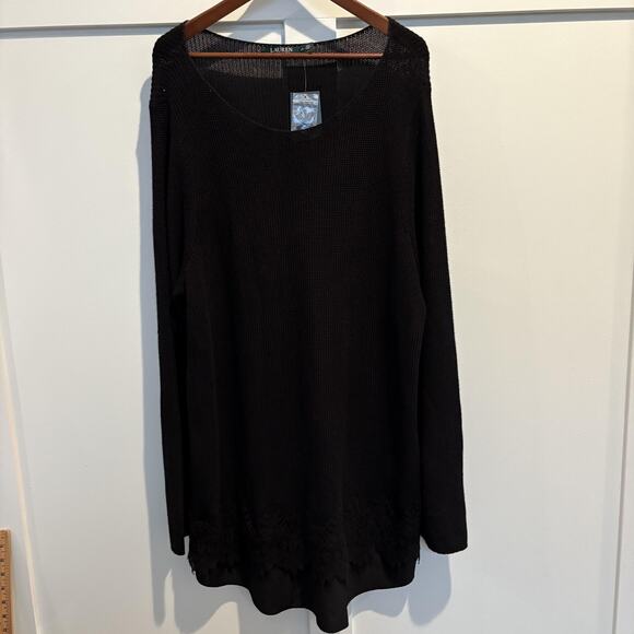 NWT Lauren Ralph Lauren Tunic Sweater Womens 3X Black Knit Lace Hem Pullover - Picture 1 of 14